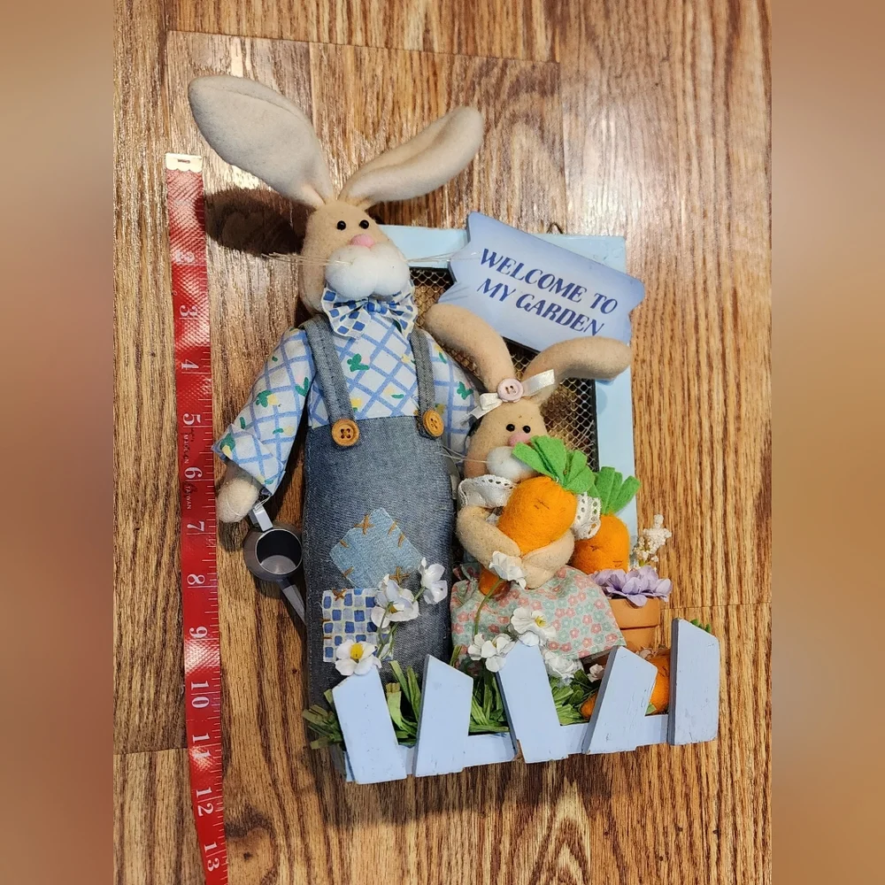 Primitive Springtime Welcome to My Garden Plush Bunny Wooden Decor
